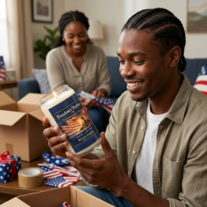 Freedom's Harbor™ Premium Soy Candle | Large 13.75 oz Amber Jar | Comfort Spice Scent | Patriotic Coastal Home Fragrance Gift Candle